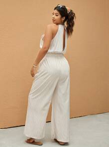 Elaquor Macacão de Ombro Caído com Estampa Listrada e Cintura Ajustável, Tamanho Plus Size para Mulheres