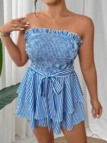 SHEIN Clasi 大码百搭修身条纹印花抹胸连衣裙 - 藍白色 - 查看 5