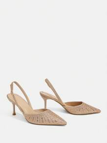 CUCCOO TILAWA 女士尖头水钻装饰细高跟鞋香槟色露背高跟鞋，适合派对和活动 - 香檳色 - 查看 7