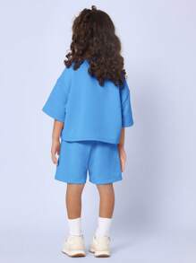 SUMWON Summer Playful Co-Ord Short Sleeve Performance Sportswear Set Active Kids Letters Comfortable Wear Everyday Playwear Cozy - Blue - View 2