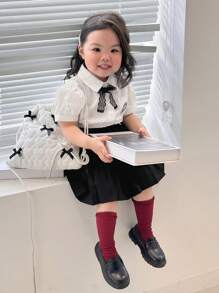 DAZY 女嬰夏季彼得潘領蝴蝶結泡泡袖上衣與純色百褶裙2件套幼兒裝 - 黑色 - 查看 4