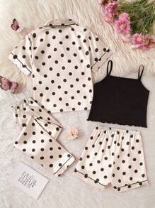 四件套情人节休闲服，适合少女穿着，包括粉色简约黑色波点印花圆领T恤、无袖吊带背心和短裤，舒适居家服。 - 卡其色 - 查看 2