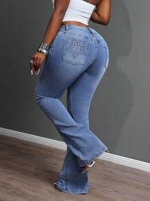 Slaydiva Jeans con campana bordados y decorados con rhinestones para mujer - Lavado ligero - Ver 1