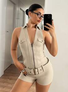 SHEIN ICON Summer Halter Women's Solid Color Zipper Front Sleeveless Jumpsuit Romper - Apricot - View 3