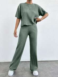 EURMUSE 简约夏季纯色宽松落肩短袖上衣和直筒裤 - 薄荷綠 - 查看 1