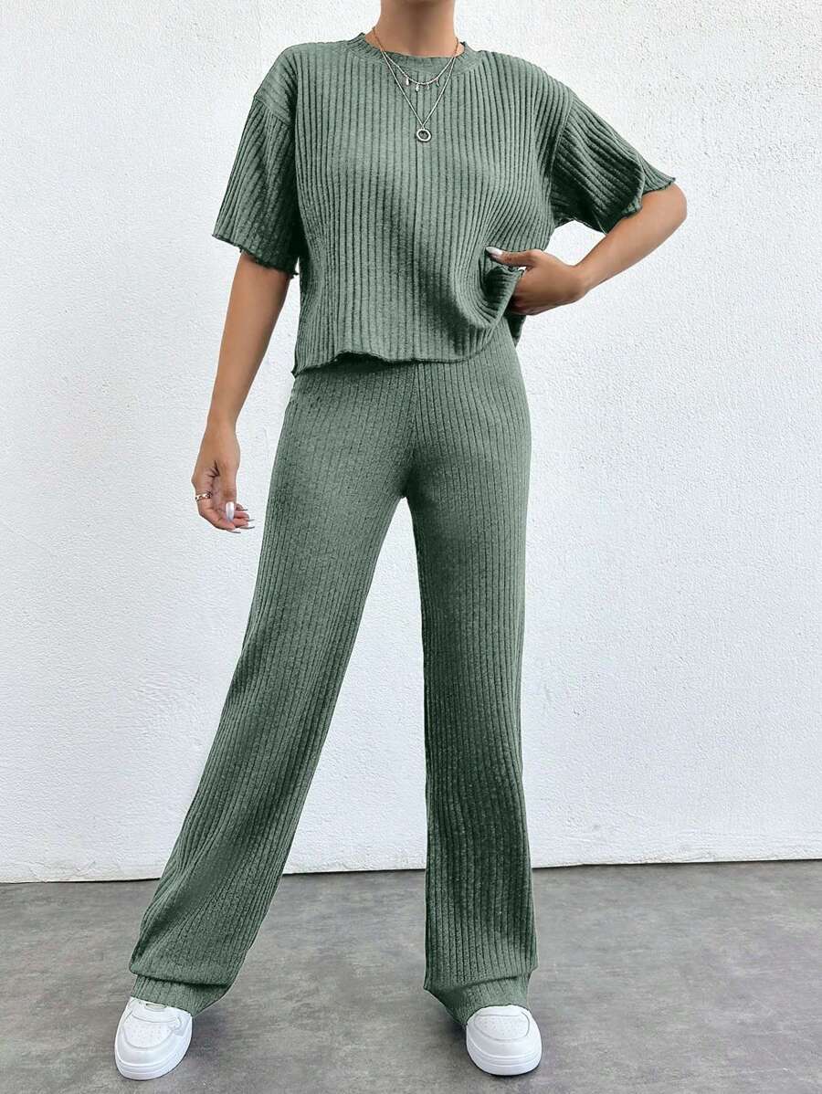 EURMUSE 简约夏季纯色宽松落肩短袖上衣和直筒裤 - 薄荷綠 - 查看 1