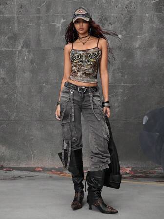 Grunge Punk Camiseta de tirantes ajustada tipo body con estampado retro vintage de alas desgastado