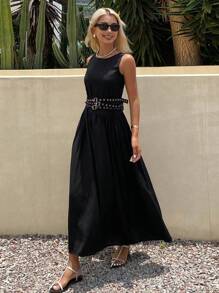 DAZY Women's Solid Color Round Neck Sleeveless A-Line Umbrella Skirt Dress, Waisted Casual Vacation Summer Long Dress Maxi Dress - Black - View 1