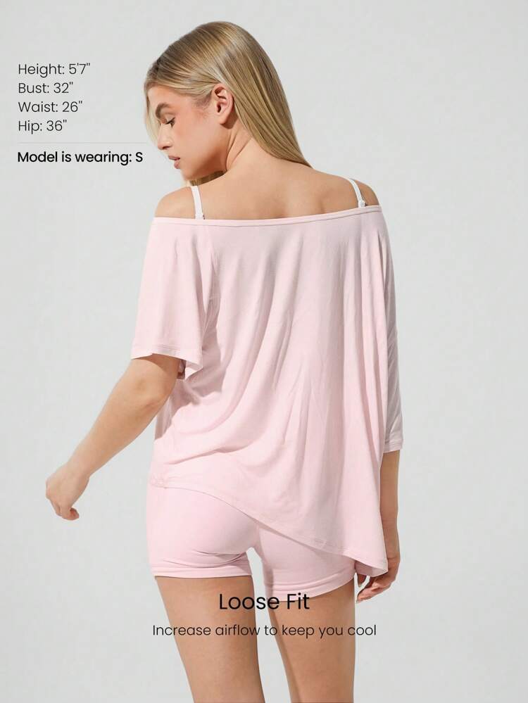 モーダル シルキースムース アシンメトリーヘム オフショルダー 3/4スリーブ アクティブティー Tシャツ デイリーカジュアルウェア
