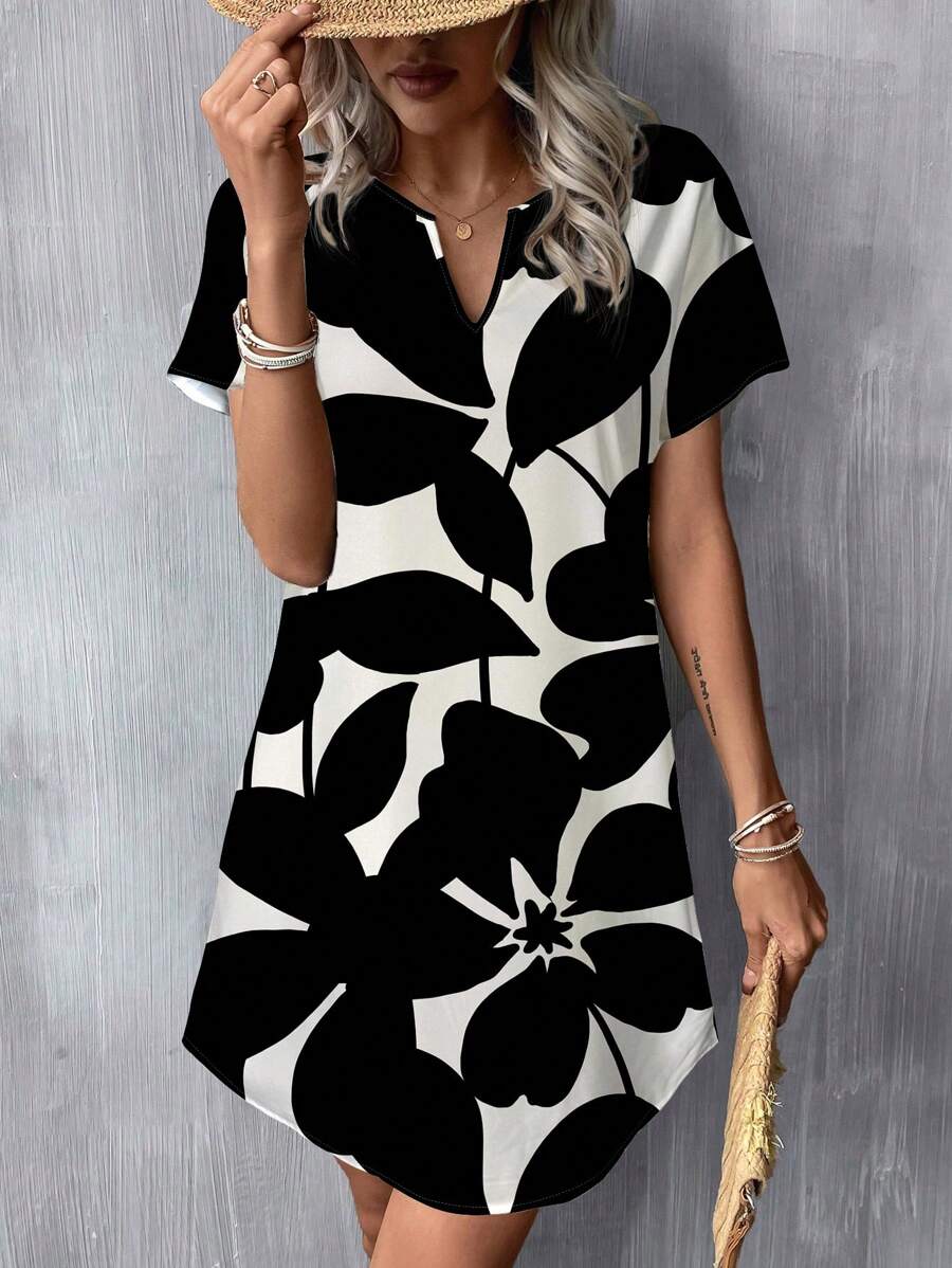 SHEIN LUNE Casual Minimalist V-Neck Woven Short Dress For Women, Suitable For Spring/Summer Vacation Dress Chic Dress - Multicolor - View 1