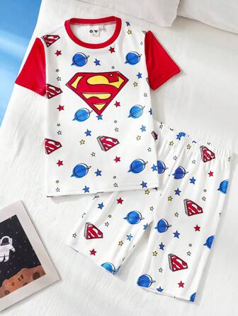 SUPERMAN X SHEIN 2pcs Tween Boy Super Hero Cartoon Print Casual Short Sleeve T-Shirt & Shorts Pajamas Set, Slim Fit & Comfortable