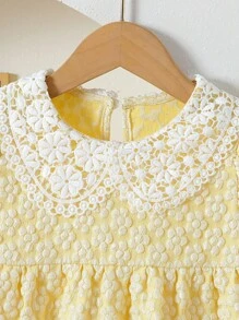 Souflis Souflis 女孩优雅甜美可爱提花面料刺绣彼得潘领盖袖束腰公主裙，适合度假、旅行、生日派对、礼物 - 夏季 - 黃色 - 查看 4