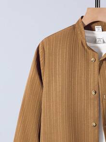 SHEIN 休闲秋季青少年男童纹理罗纹领口袋长袖衬衫，百搭日常商务穿着，棕色衬衫，秋冬季 - 棕色 - 查看 4