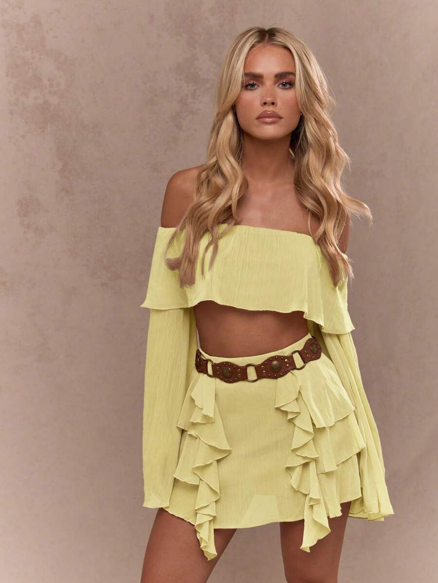 MISSGUIDED 荷叶边侧边迷你裙高腰不对称飘逸夏季节日海滩度假派对裙 - 黃色 - 查看 1