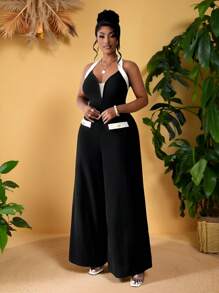 Maweii 大码女式性感黑白拼布心形领无袖阔腿连体裤