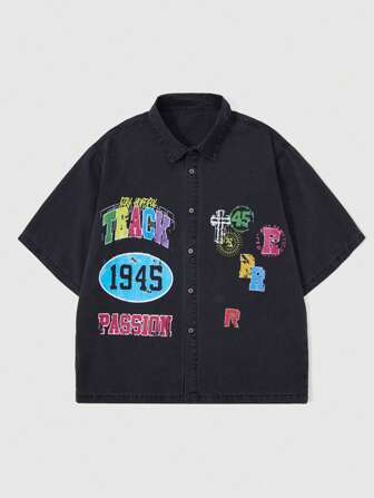 Street Life Men's Single-Breasted Drop Shoulder Short Sleeve Letter Number Print Street Denim Shirt