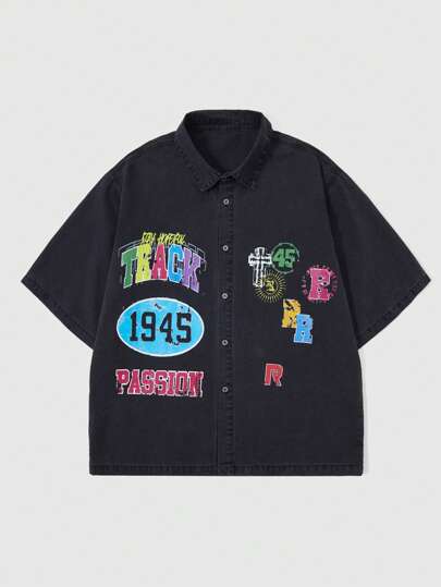 Street Life قميص جينز كاجوال قصير الأكمام بنمط حرفي وكتف منخفض أحادي الصدر للرجال