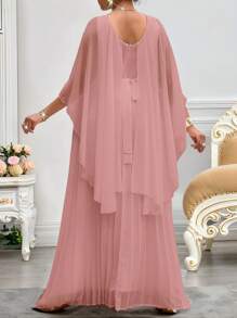 Fleurora 春夏优雅通勤办公室派对婚礼酒会音乐会/音乐节白色编织雪纺圆领喇叭形系带褶皱四分之一袖大码连衣裙优雅女装高档服装，女士正式礼服 - 粉色 - 查看 2