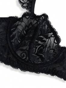 2 piezas Conjunto de lencería Romántico y Sexy con Balconette con Volantes de Encaje Floral, Color Negro - Negro - Ver 9