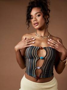 MISSGUIDED 节日钩针抹胸抹胸沙滩装嬉皮波西米亚风镂空夏季海滩俱乐部派对短款露肩针织度假装