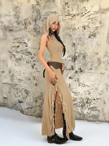INAWLY Đầm dài trùm đầu xẻ cao xếp nếp thời trang nữ - Màu Khaki - Xem 2
