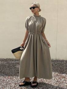 Livesso Women's Solid Color Frill Tie Neck Short Sleeve Midi Dress For Summer - Coffee - View 1