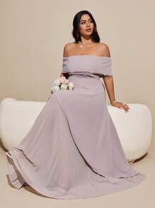 SHEIN Galaire 大码女式优雅奢华派对礼服，露肩，水钻装饰，雪纺褶皱长裙 - 杏色 - 查看 3