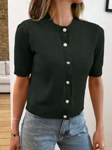 EURMUSE Gold Button Short Sleeve Elegant Cardigan - Dark Green - View 6