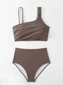 SHEIN Swim Bộ Bikini Cổ Bất Đối Xứng Màu Trơn Đi Biển Mùa Hè Cho Nữ - màu nâu - Xem 7