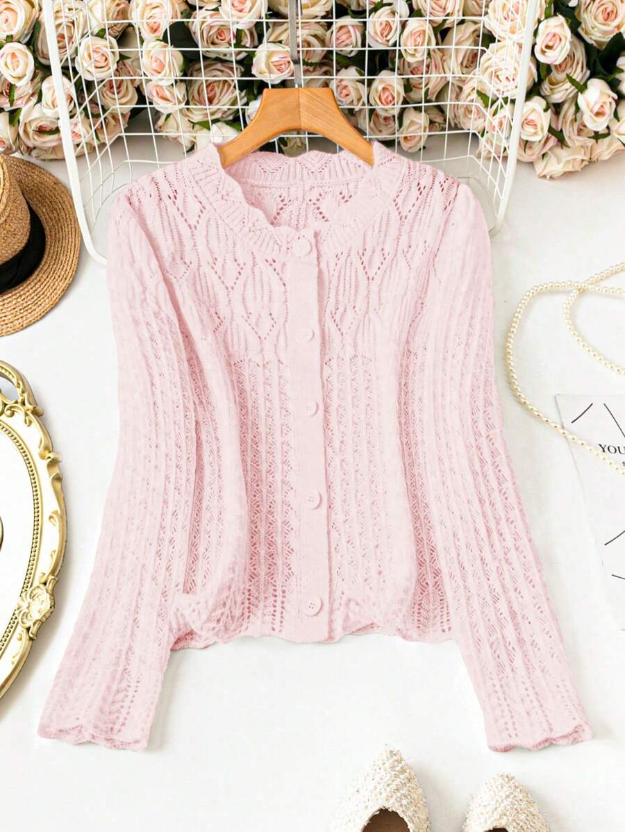 DreamSkyne 大码纯色镂空针织单排扣长袖开衫 - 粉色 - 查看 1