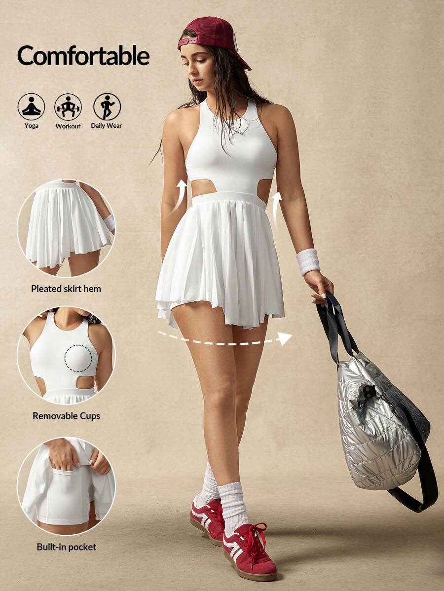 VARSIVA Women Solid Perforated Ruffle Hem Sports Dress - White - View 1