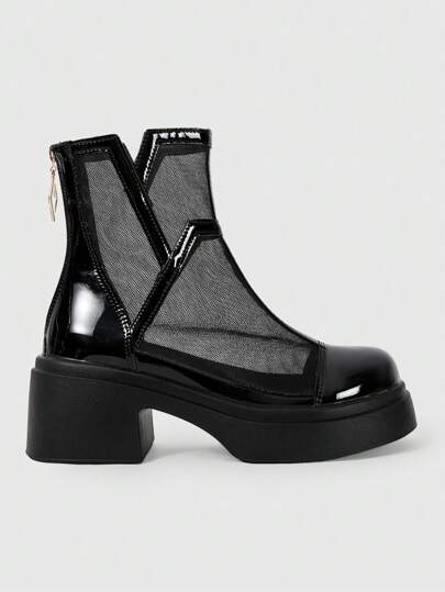 Goth Petite Women Thick Sole Chunky Heel Gladiator Sandals, Round Toe Mesh Splice High Heel Boots, Summer 2025