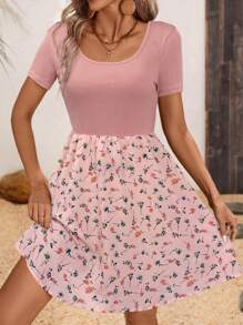 SHEIN LUNE U领短袖混合面料拼色摇摆休闲度假连衣裙 - 粉色 - 查看 6