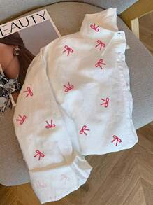 SHEIN 女款休閒法式可愛寬鬆蝴蝶結印花長袖襯衫，秋季日常上學穿搭，粉色與白色 - 彩色 - 查看 4