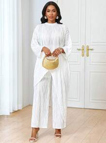 SHEIN Lady Femme, ensemble de 2 pièces, Top à ourlet asymétrique texturé de couleur unie et pantalon