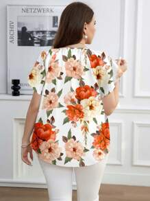 Reflora Áo kiểu dáng rộng rãi, tay ngắn, cổ khoét lỗ, in họa tiết hoa hồng cam thanh lịch, cỡ lớn, thích hợp cho mùa xuân/hè, đi chơi hoặc ngày lễ tình nhân. - Nhiều màu - Xem 2