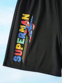 SUPERMAN X SHEIN 男童彩色裂纹字母与标志图案宽松落肩短袖 T 恤和短裤两件套，黑色，春夏 - 黑色 - 查看 5