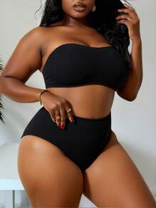 Slaydiva Summer Beach Plus Size Solid Bandeau Bikini Set - Black - View 3