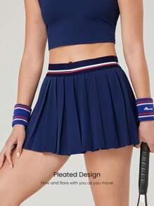 GLOWMODE 2 chiếc FeatherFit™-Air thấm mồ hôi nhanh khô màu tương phản, áo ba lỗ cổ trụ có thể tháo rời cúp ngực và chân váy xếp ly có quần short tích hợp, trang phục thường ngày - Dark Blue - Xem 5