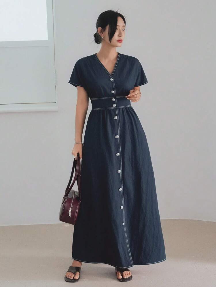 Women's Summer Denim Effect Seam Decor Waist Splice Elegant Long Casual Dress Commuter Wear,Teacher Outfits Business Casual Woman