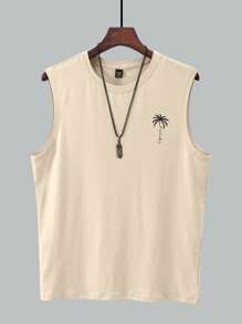 Manfinity Chillmode 男士休闲运动印花无袖上衣，夏季 - 卡其色 - 查看 3