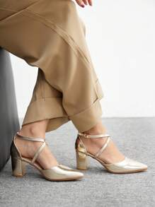 CUCCOO BIZCHIC 女士尖头交叉带粗跟优雅通勤简约金色金属仿皮浅口鞋，镂空时尚派对办公室正式基本百搭鞋 - 金色 - 查看 3