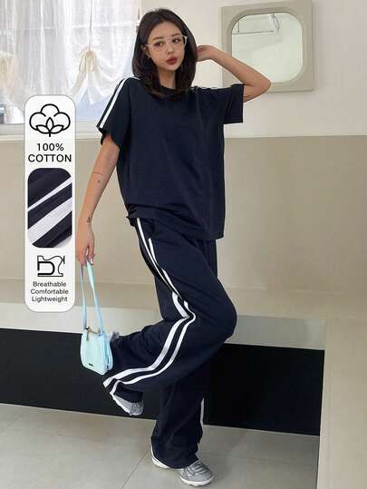 DAZY 2pcs/Set Women's Loose Contrast Color Rib Trim Round Neck T-Shirt And Pants Set Lounge Sets For Women