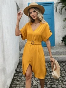 INAWLY Women's Summer Solid V-Neck Batwing Short Sleeve Casual Mid-Length Dress, For Back To School