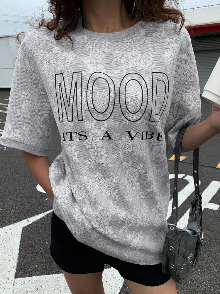 Women's Summer Round Neck Letter Print Short Sleeve Lace T-Shirt Oversized T-Shirt,Graphic Tees