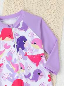 Sparklyn 女婴沙滩装，女婴服装，传统阿拉伯服饰，中东风格长袖衬衫长裤套装，可爱女婴鲸鱼印花长袖长裤连体泳衣，紫色连体泳衣，女婴沙滩度假长袖长裤泳衣 - 紫色 - 查看 4