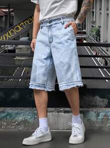 Manfinity Roughcore Pantalones cortos vaqueros sueltos y desgastados para hombres con bolsillos, de estilo casual versátil - Lavado ligero - Ver 3