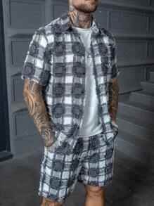 Manfinity LEGND Bộ quần áo nam thường ngày kẻ sọc tua rua màu tương phản áo sơ mi và quần short thời trang đường phố Bộ trang phục nam Bộ trang phục nam - Nhiều màu - Xem 3