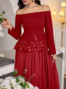 Modelyn 2 件女式法式优雅露肩上衣，带刺绣和腰线，修身 - 紅色 - 查看 5