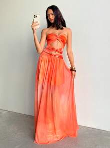Aloruh Women's Extra Long Strapless Dress, Fashionable For Summer Party Orange Dresses For Women - Orange - View 5